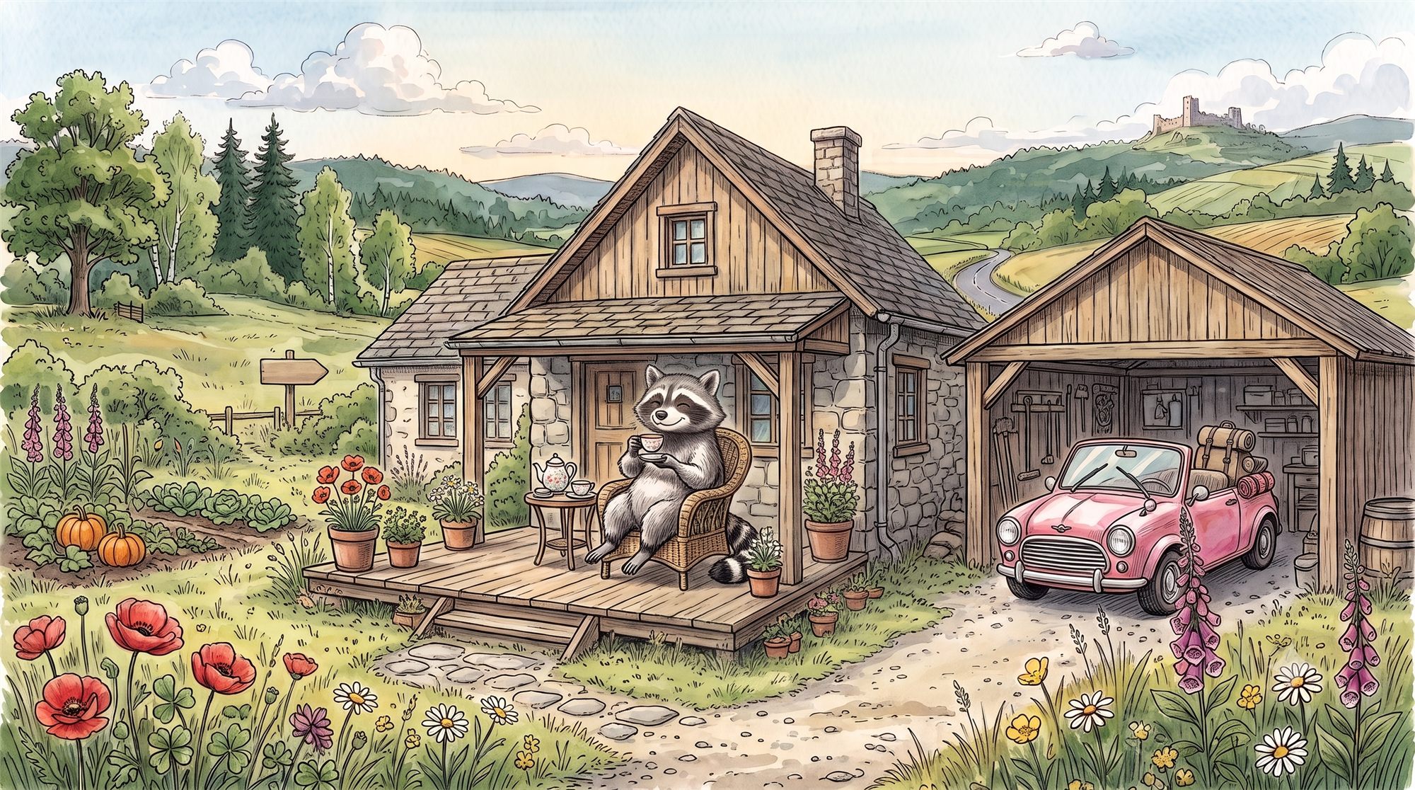 Der Waschbär auf der Veranda seines Häuschens